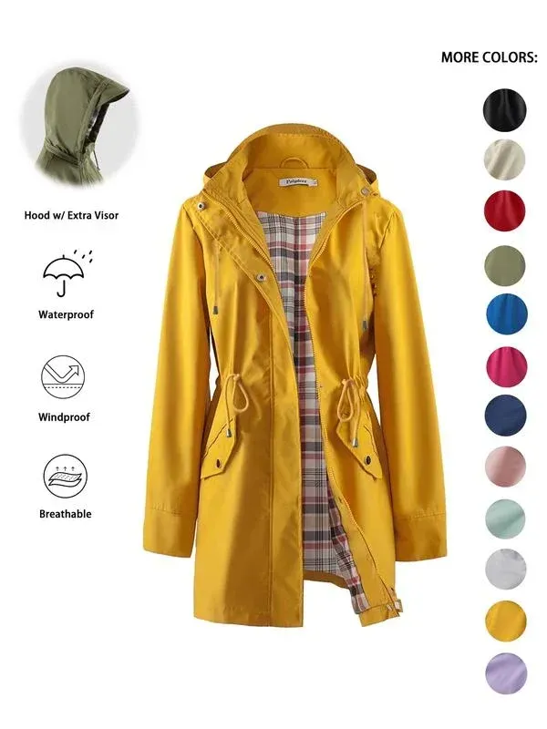 ❤️‍🔥New Arrival-49% OFF🥰Women's Solid Color Casual Jacket-Waterproof and Windproof Coats, Hooded Windbreakers✨Drawstring Waist, Zip & Button Closure, Casual Outerwear Coat for Spring & Fall🍃