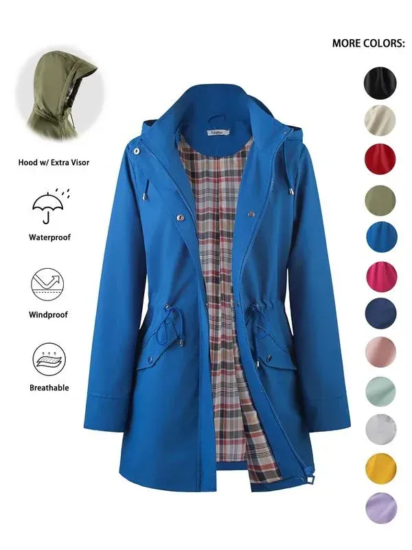 ❤️‍🔥New Arrival-49% OFF🥰Women's Solid Color Casual Jacket-Waterproof and Windproof Coats, Hooded Windbreakers✨Drawstring Waist, Zip & Button Closure, Casual Outerwear Coat for Spring & Fall🍃