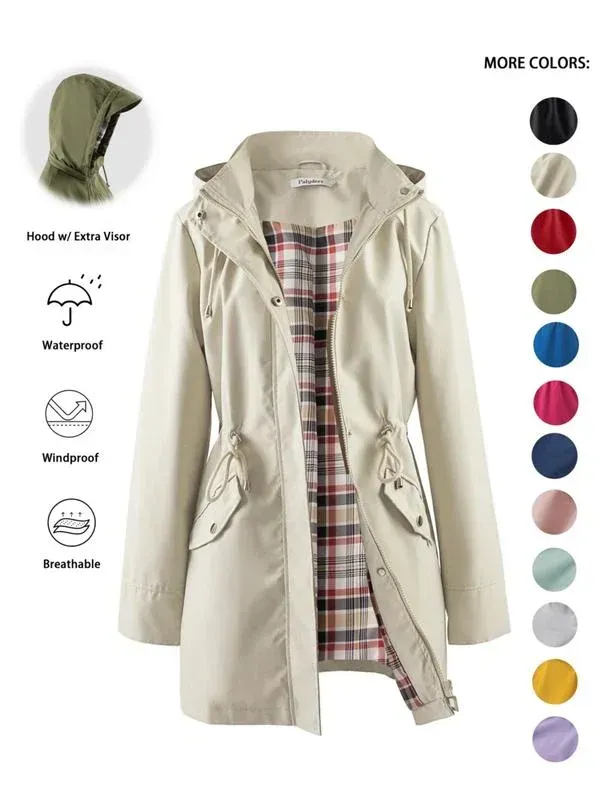 ❤️‍🔥New Arrival-49% OFF🥰Women's Solid Color Casual Jacket-Waterproof and Windproof Coats, Hooded Windbreakers✨Drawstring Waist, Zip & Button Closure, Casual Outerwear Coat for Spring & Fall🍃
