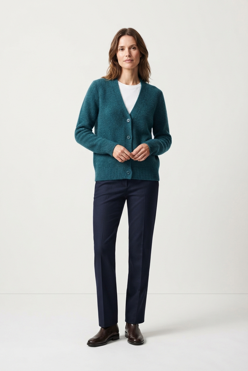 Teal knit open-front cardigan on model