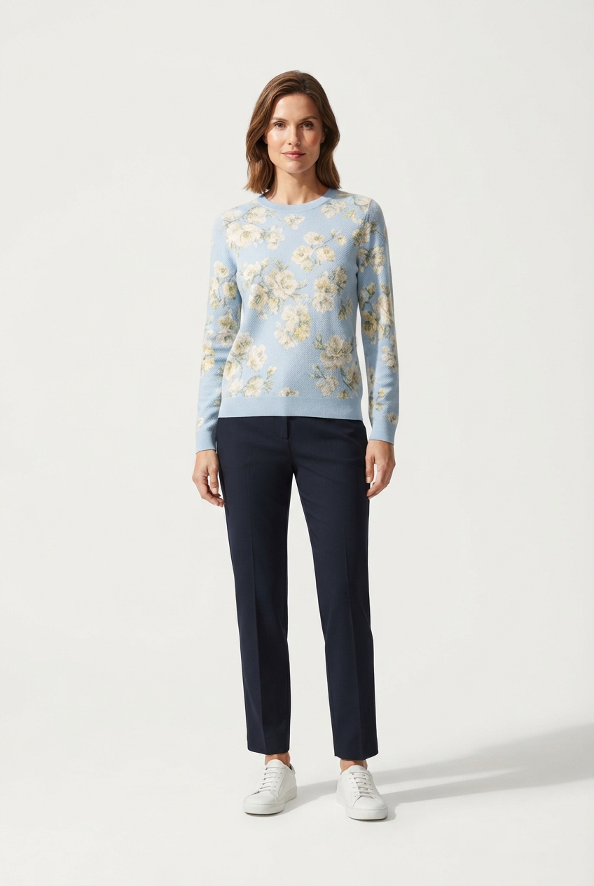Lightblue floral knit pullover top on model