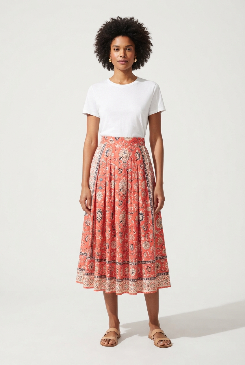 Coral printed A-line midi skirt on model