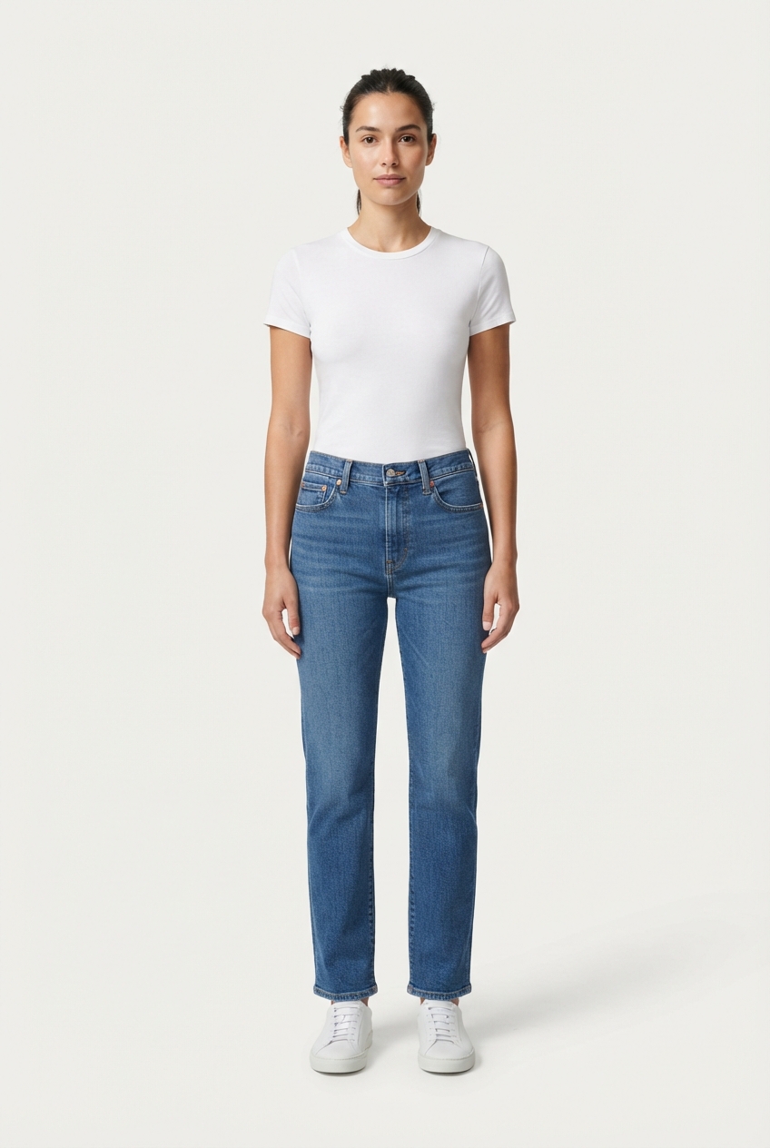 Blue pull-on straight-leg denim pants on model