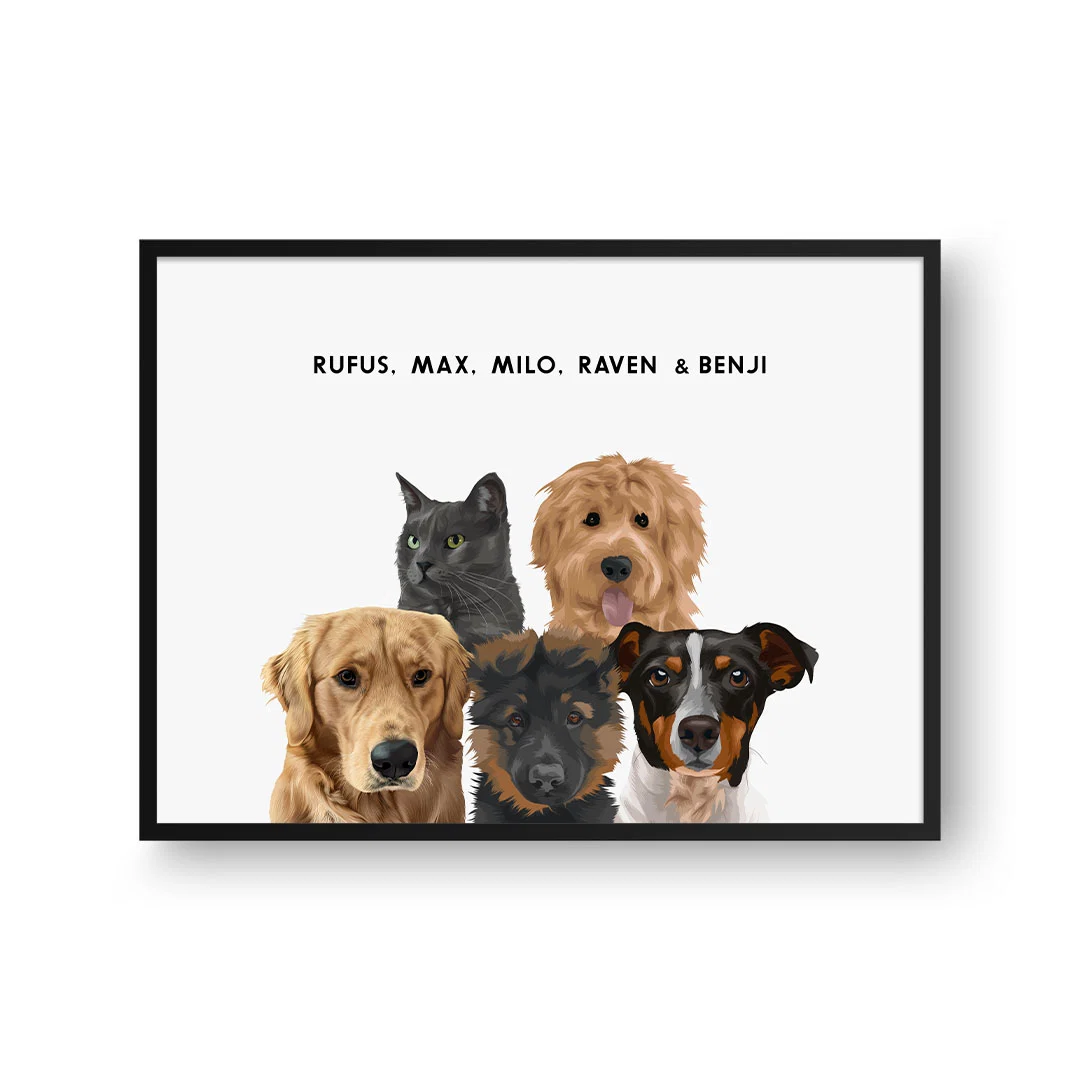 Modern Pet Portrait-Five Pets, Framed Poster