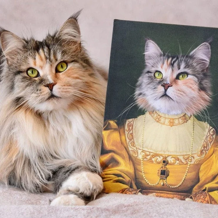 A long-haired cat beside its custom royal portrait