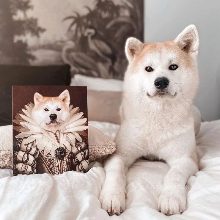 A white dog beside its custom historical portrait