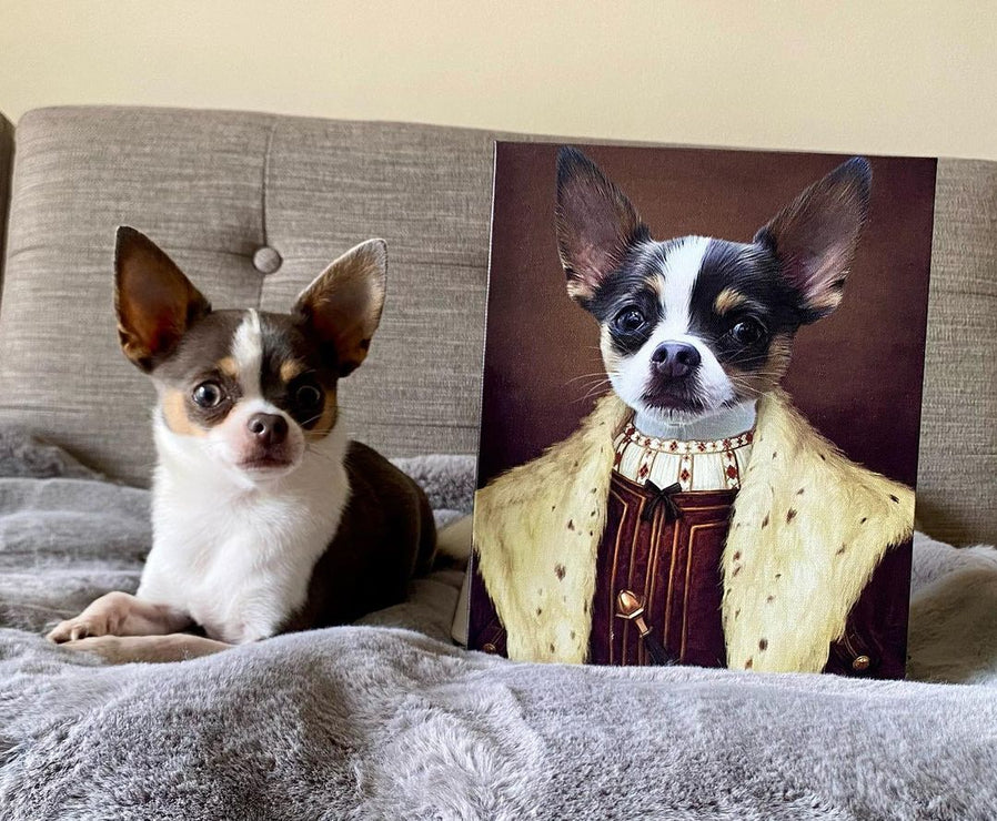 A small dog beside its custom noble portrait
