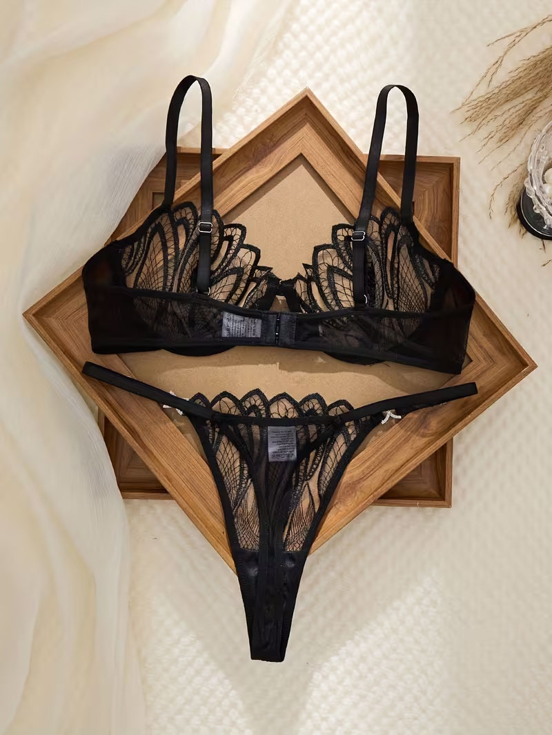 Black Sheer Lace Rhinestone Lingerie 2‑Piece Set