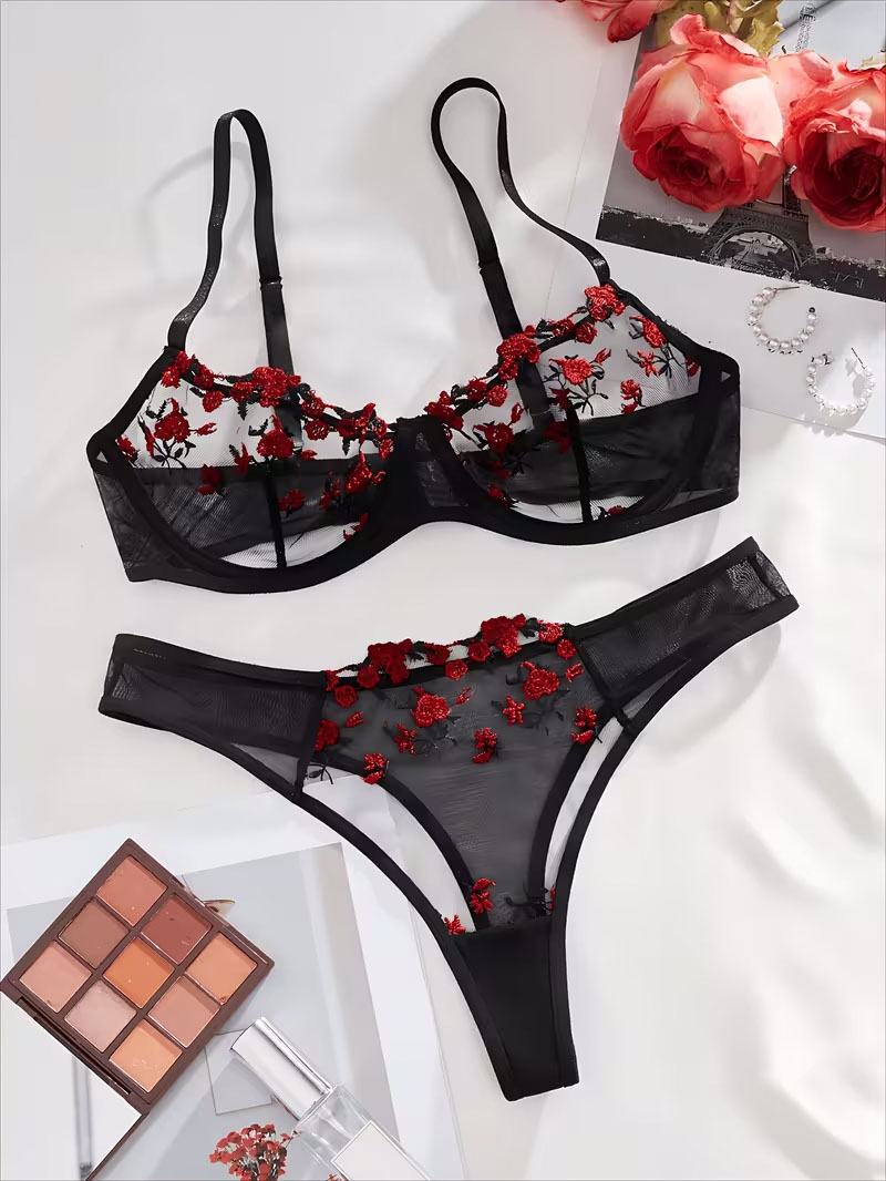 Black Mesh Red Floral Embroidery Lingerie 2‑Piece Set
