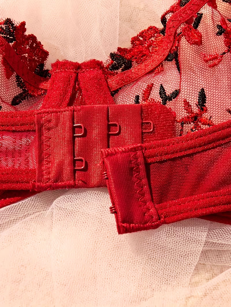 Red Floral Embroidered Mesh Lingerie Set