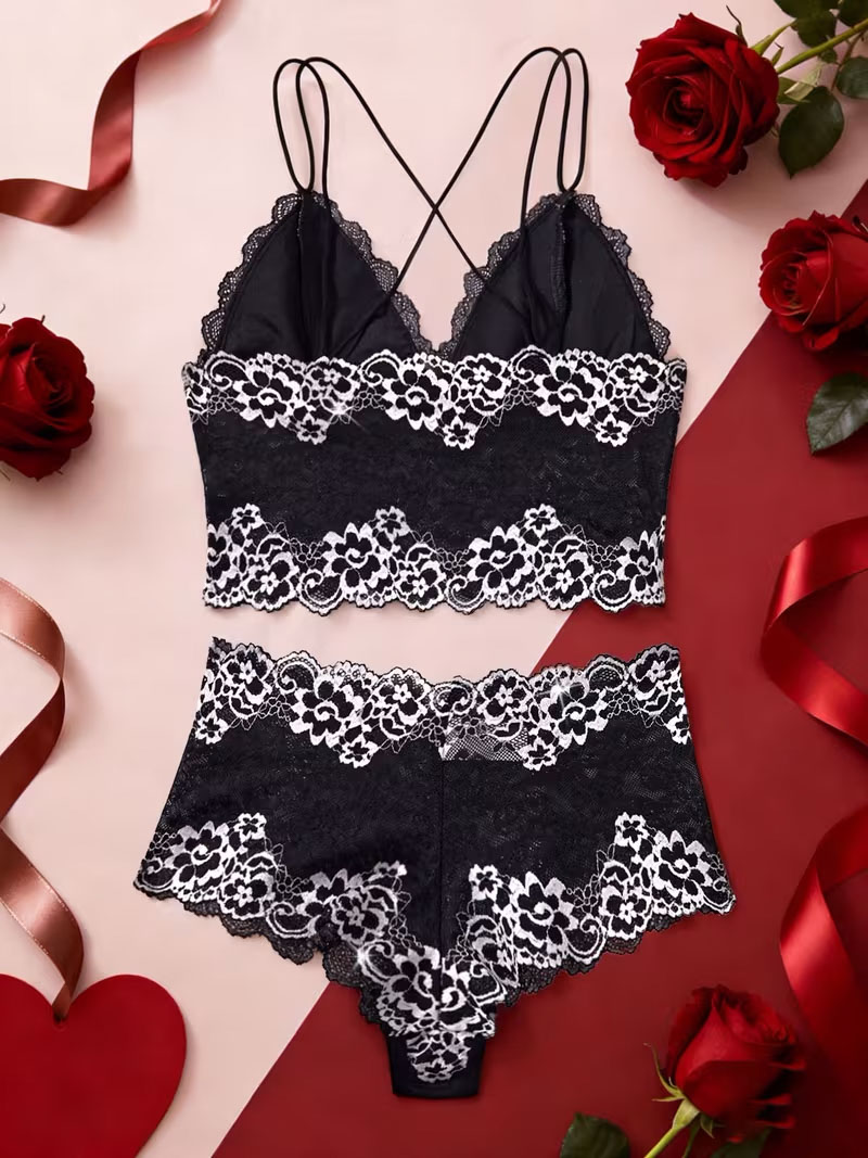 Black‑White Floral Lace 2‑Piece Lingerie Set