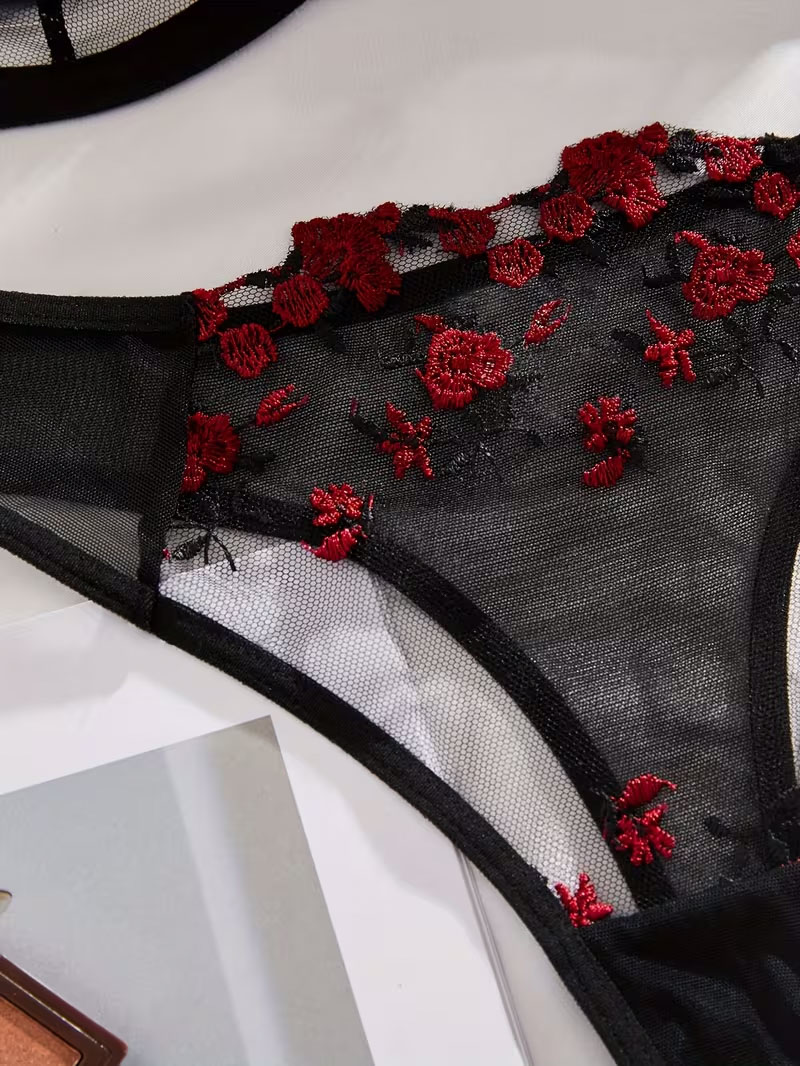 Black Mesh Red Floral Embroidery Lingerie 2‑Piece Set