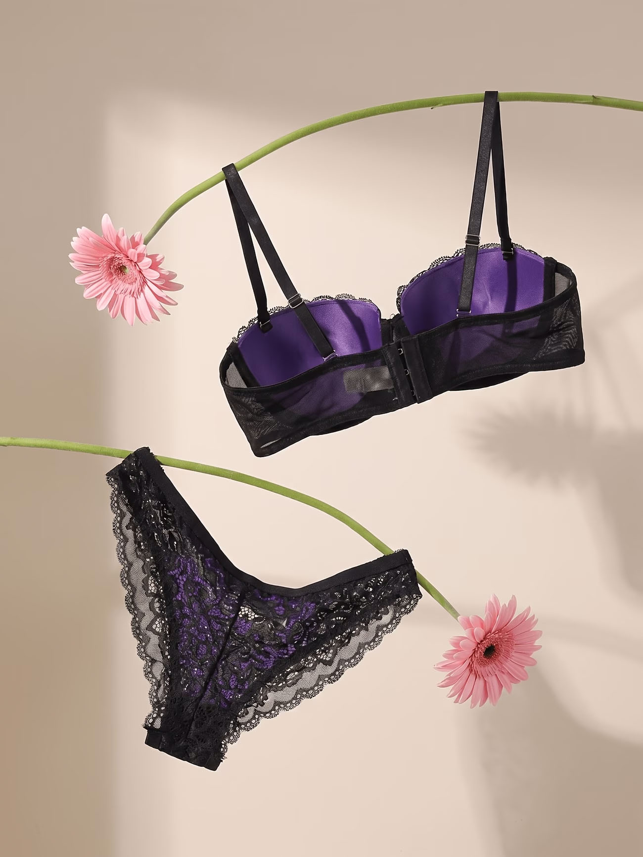 Purple Floral Lace Underwire Lingerie Set