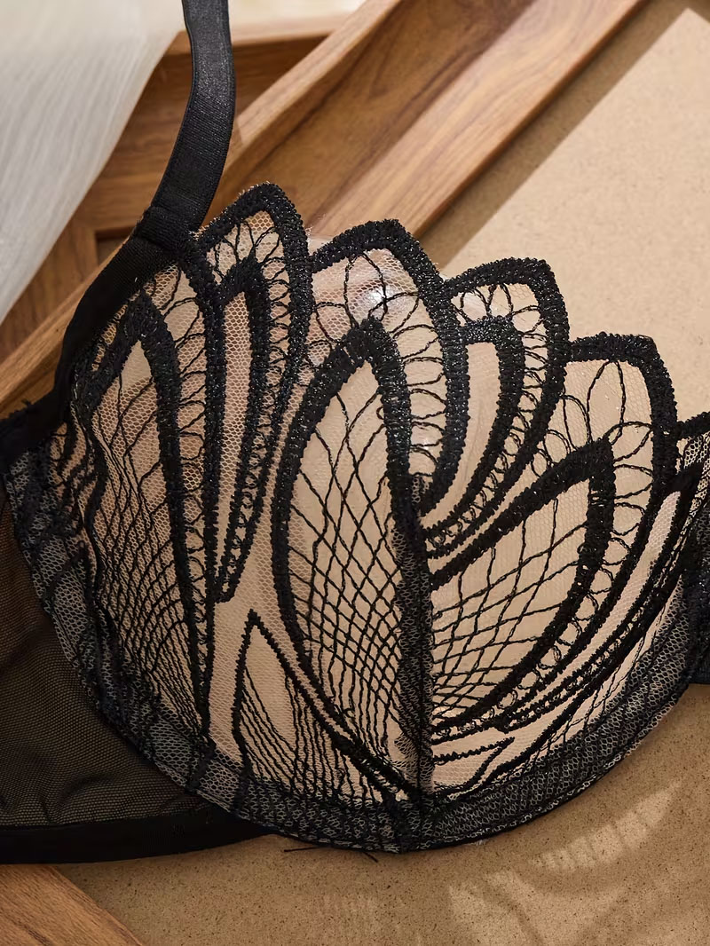 Black Sheer Lace Rhinestone Lingerie 2‑Piece Set
