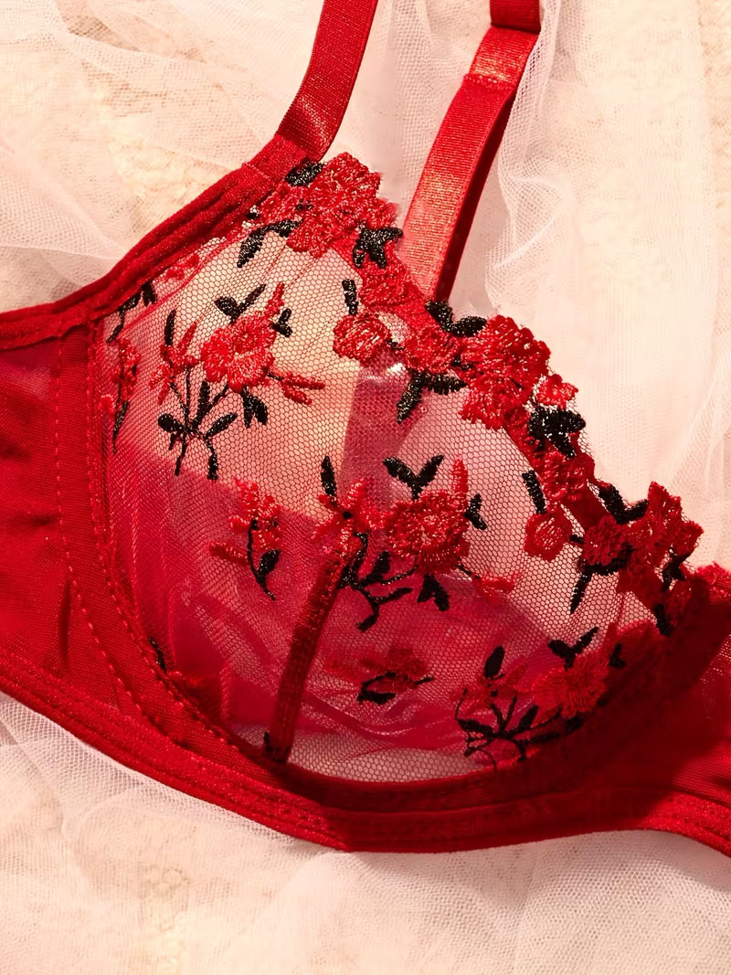 Red Floral Embroidered Mesh Lingerie Set