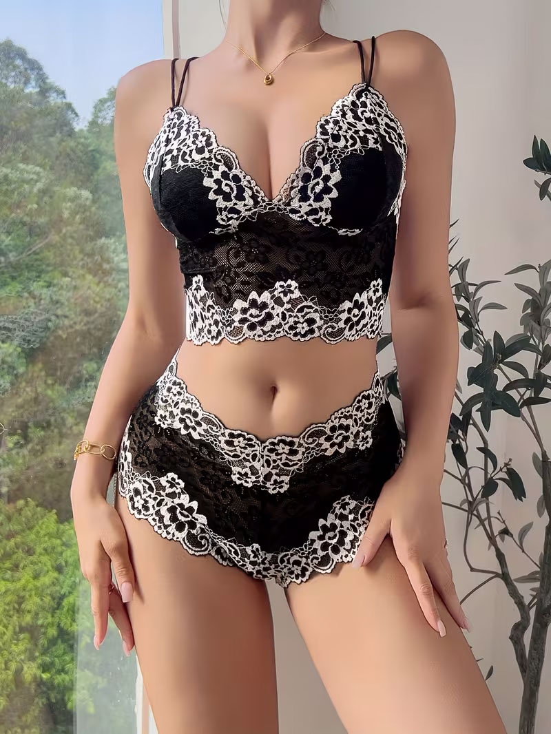 Black‑White Floral Lace 2‑Piece Lingerie Set