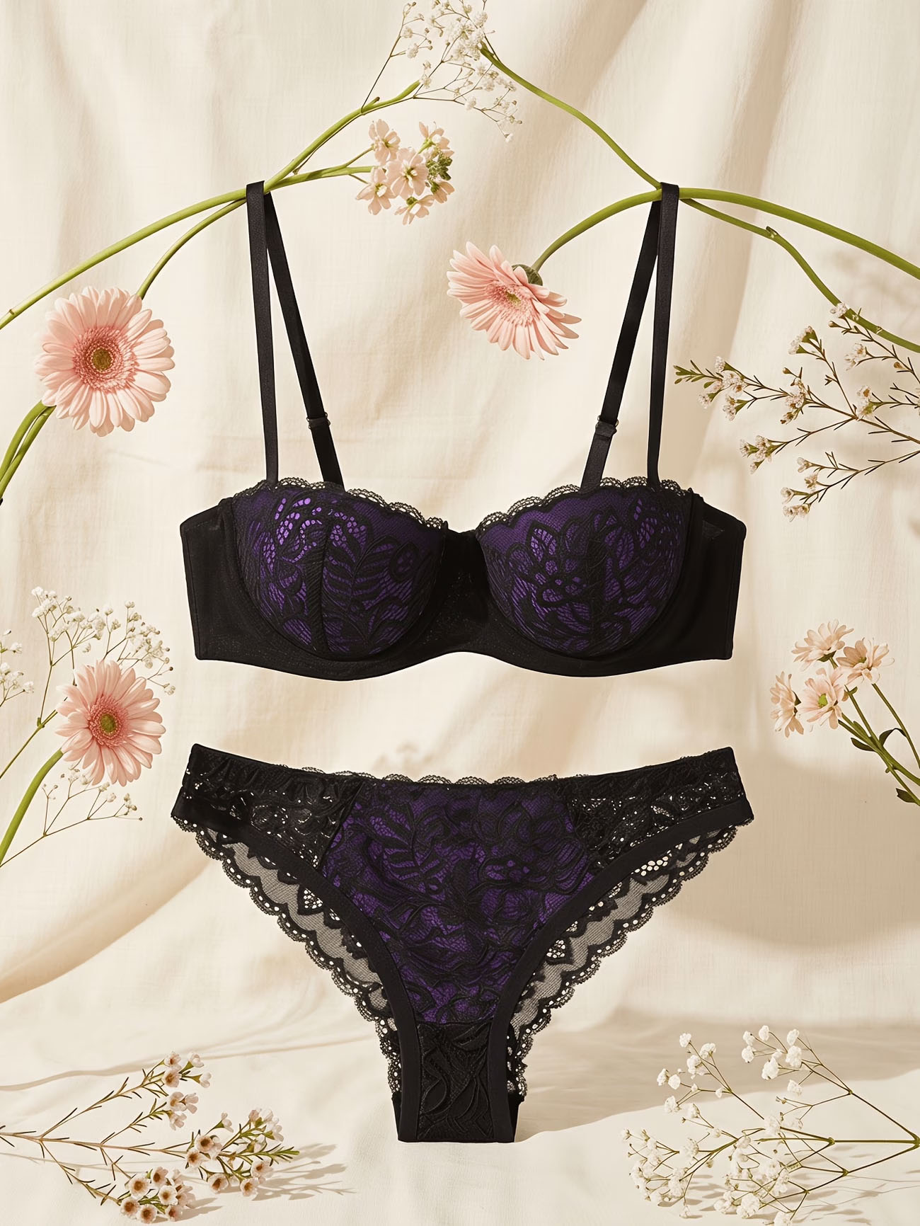 Purple Floral Lace Underwire Lingerie Set