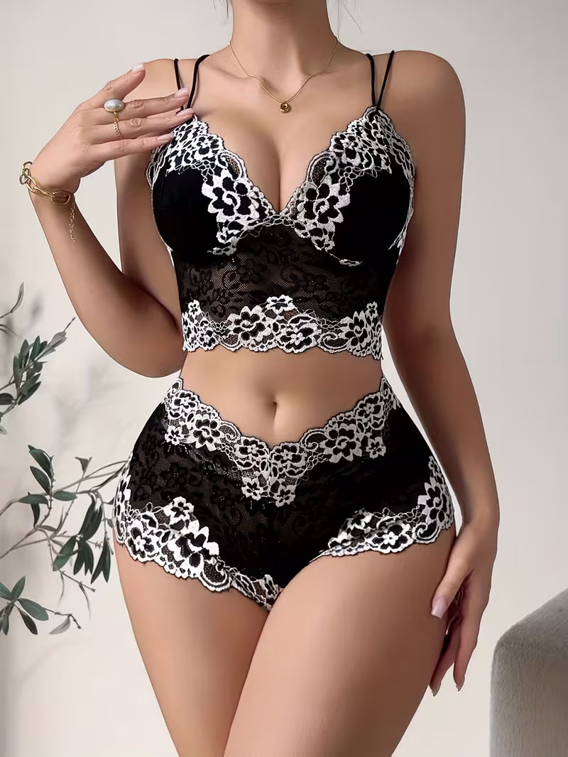 Black‑White Floral Lace 2‑Piece Lingerie Set