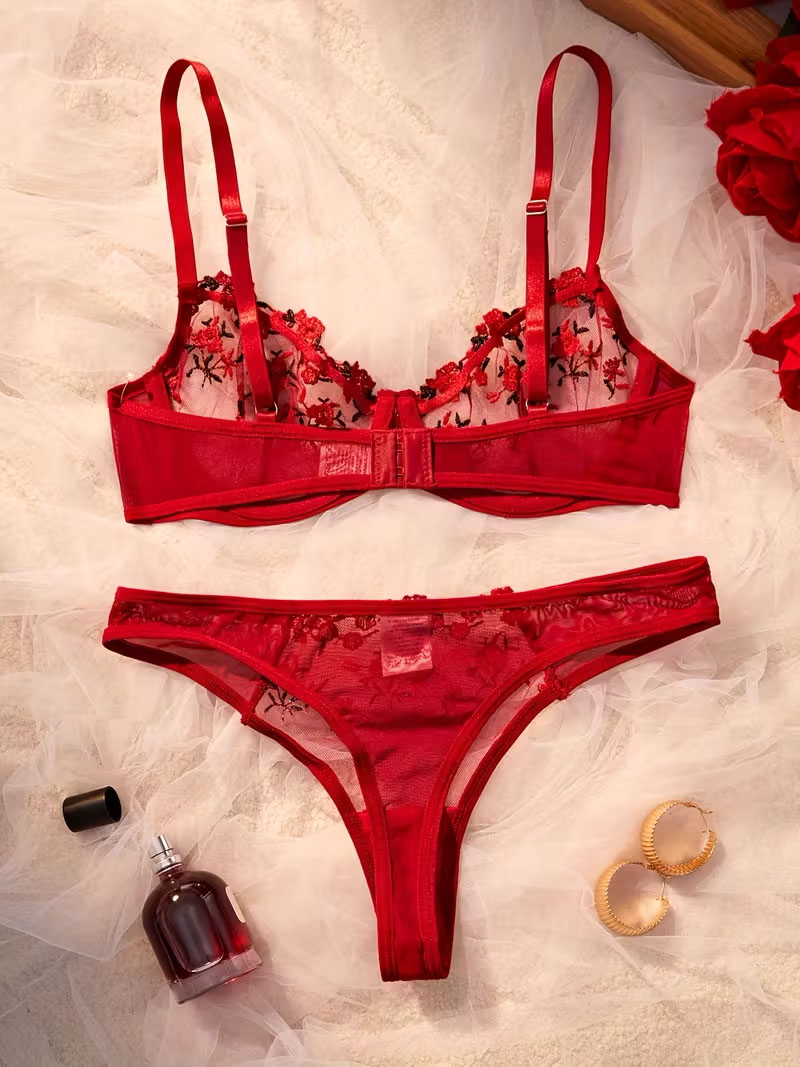 Red Floral Embroidered Mesh Lingerie Set