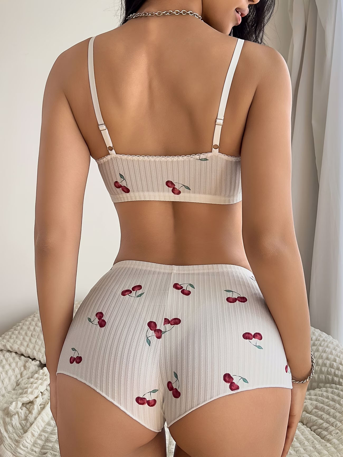 Cherry Print Ribbed Loungewear Lingerie Set