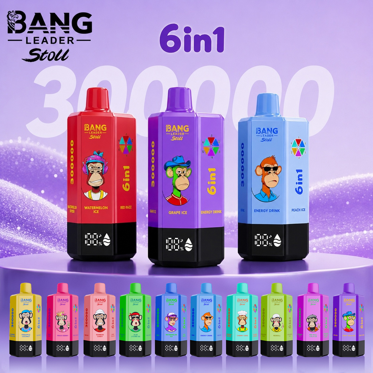 BANG LEADER 300000 Puffs 6 in1 Flavor Disposable Vape - Cola Ice & Energy Drink & Cherry Ice&Melon Passion Fruit & Blackberry Ice & Apple Kiwi