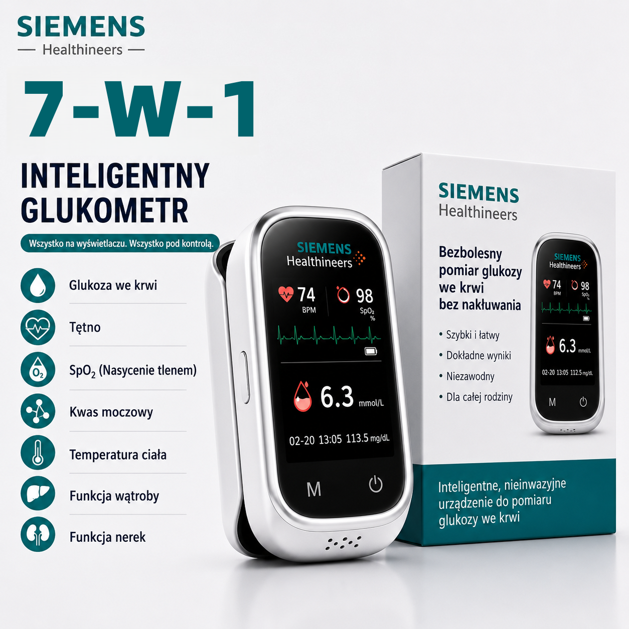 🩸 Siemens™ 11-w-1 bezigłowy glukometr • Bez nakłuwania • Bez pasków testowych • Wyniki w zaledwie 5 sekund