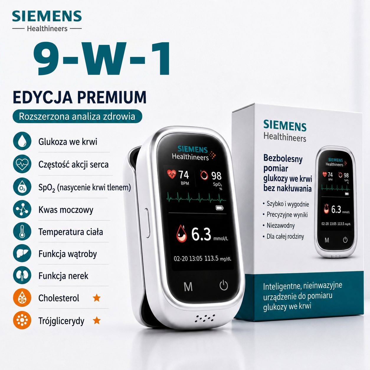 🩸 Siemens™ 11-w-1 bezigłowy glukometr • Bez nakłuwania • Bez pasków testowych • Wyniki w zaledwie 5 sekund