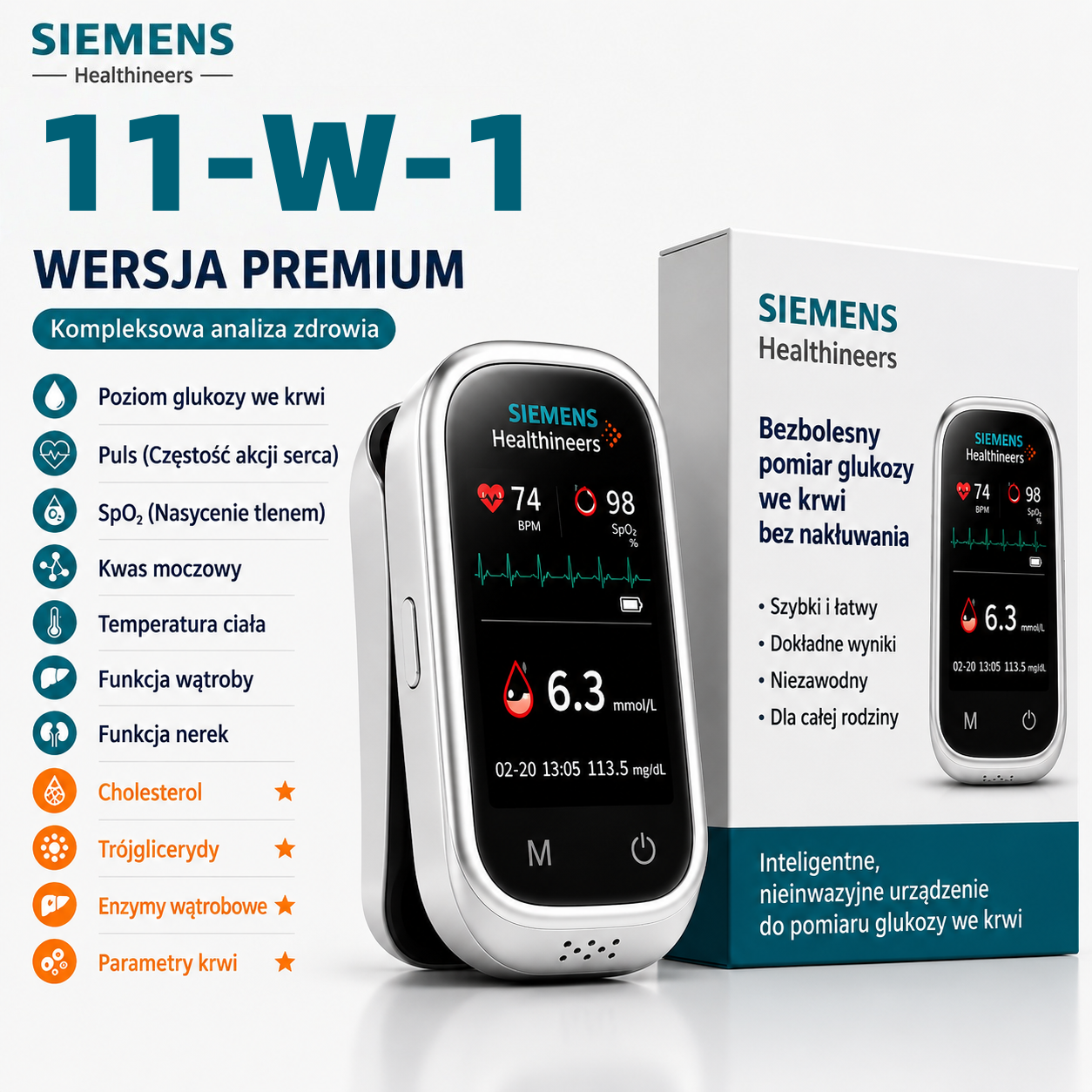 🩸 Siemens™ 11-w-1 bezigłowy glukometr • Bez nakłuwania • Bez pasków testowych • Wyniki w zaledwie 5 sekund