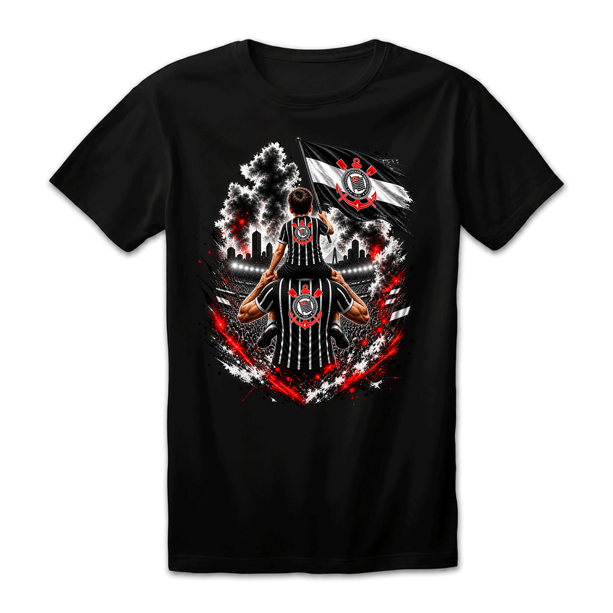 Camiseta Drop Shoulder 100% Algodão Oversized Estampa Futebol Alvinegro Pai e Filho, Preta e Branca, Unissex, Estilo Torcida e Streetwear, Caimento Solto e Confortável, Tamanhos P ao GG,Corinthians,Timão,A Fiel