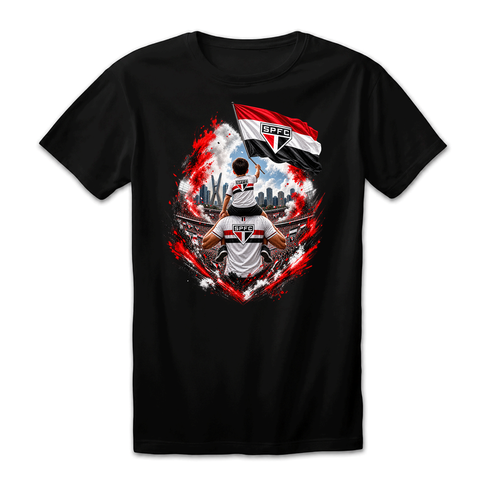 Camiseta Drop Shoulder 100% Algodão Oversized Estampa Futebol Tricolor Pai e Filho, Preta e Branca, Unissex, Estilo Torcida e Streetwear, Caimento Solto e Confortável, Tamanhos P ao GG,São Paulo,Tricolor,SPFC