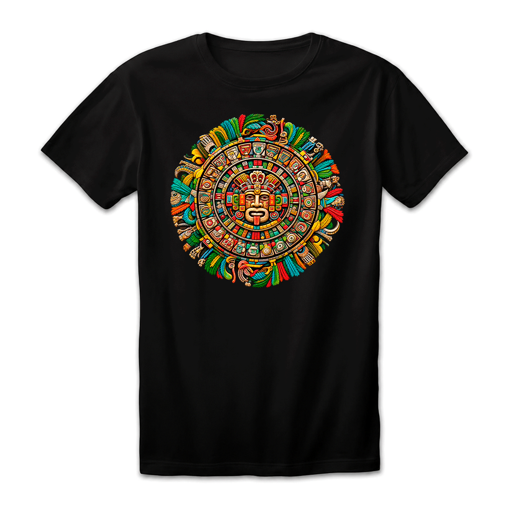 Camiseta Drop Shoulder 100% Algodão Oversized Estampa Calendário Asteca Colorido, Preta e Branca, Unissex, Estilo Étnico e Streetwear, Caimento Solto e Confortável, Tamanhos P ao GG