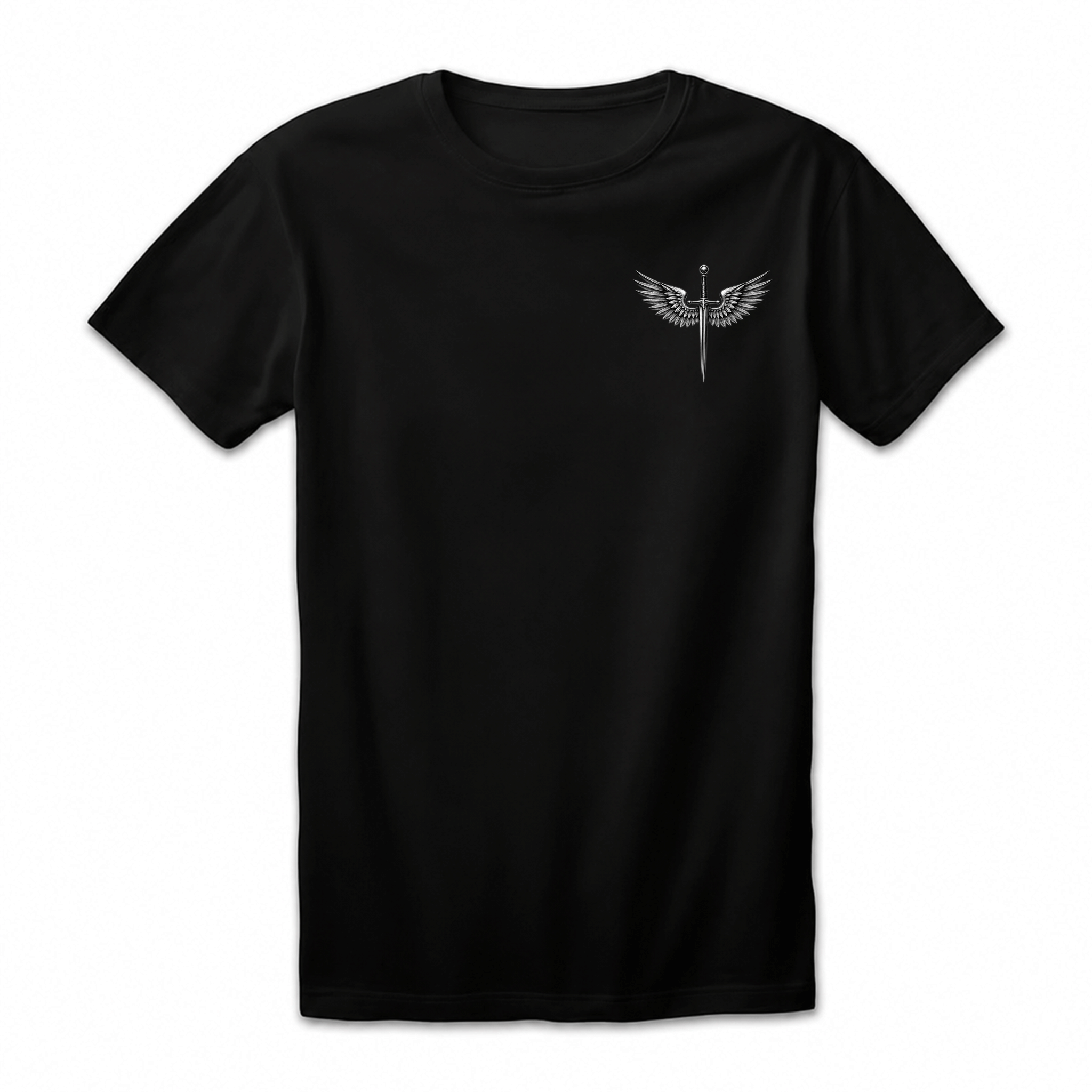 Camiseta Drop Shoulder 100% Algodão Oversized Estampa São Bento com Anjo Guerreiro, Preta e Branca, Unissex, Estilo Religioso e Streetwear, Caimento Solto e Confortável, Tamanhos P ao GG