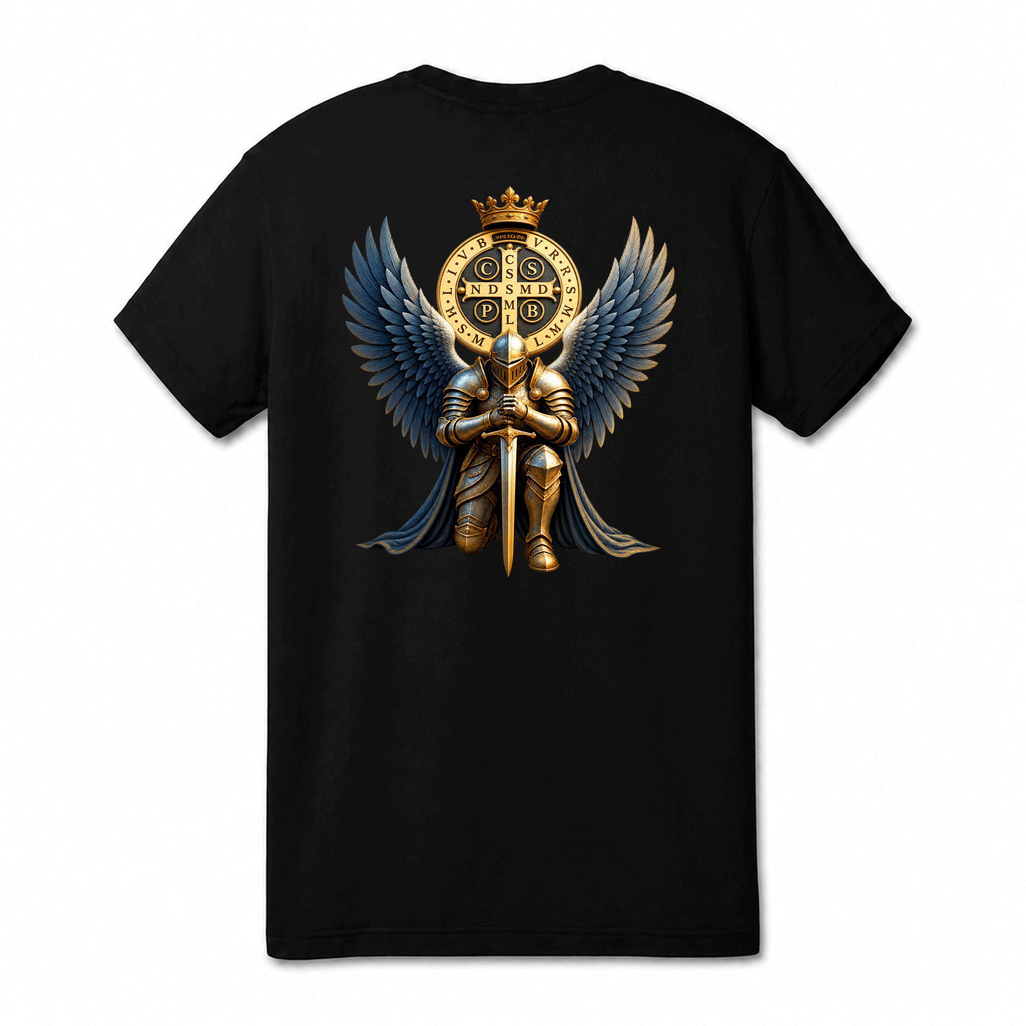Camiseta Drop Shoulder 100% Algodão Oversized Estampa São Bento com Anjo Guerreiro, Preta e Branca, Unissex, Estilo Religioso e Streetwear, Caimento Solto e Confortável, Tamanhos P ao GG