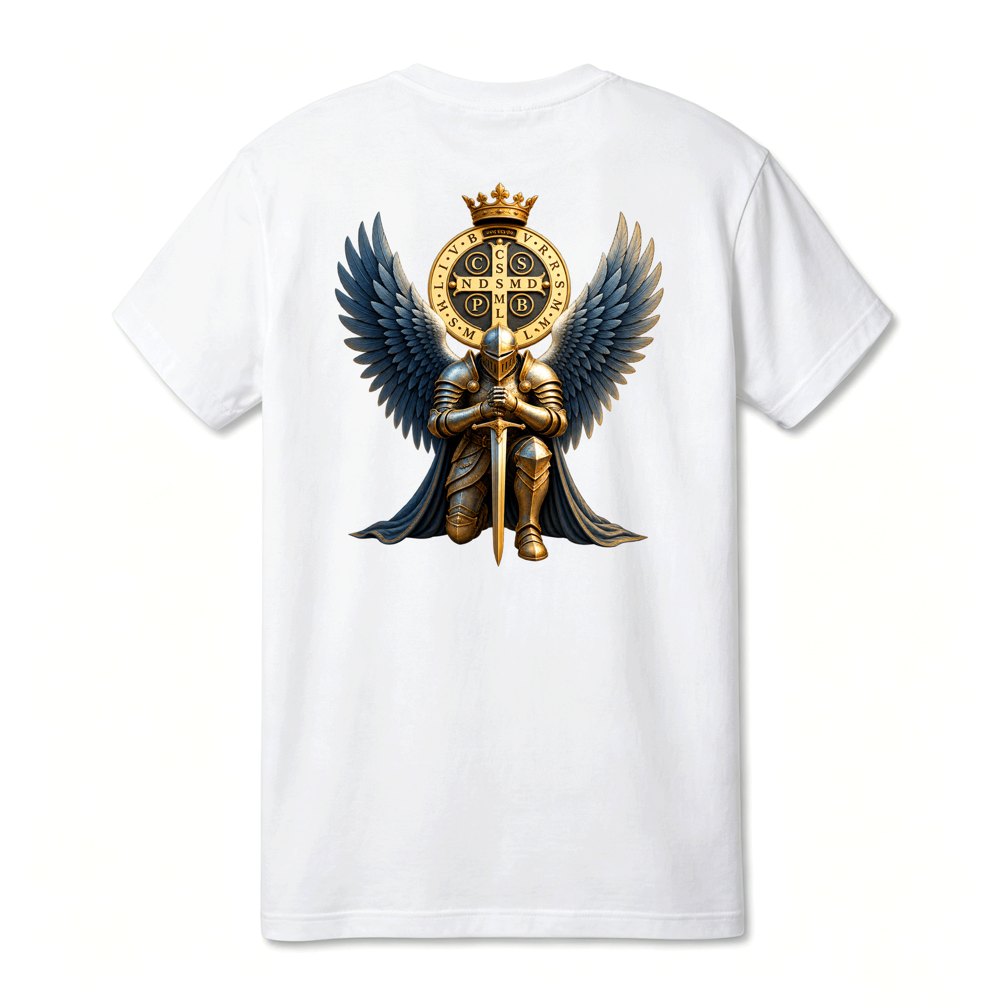 Camiseta Drop Shoulder 100% Algodão Oversized Estampa São Bento com Anjo Guerreiro, Preta e Branca, Unissex, Estilo Religioso e Streetwear, Caimento Solto e Confortável, Tamanhos P ao GG