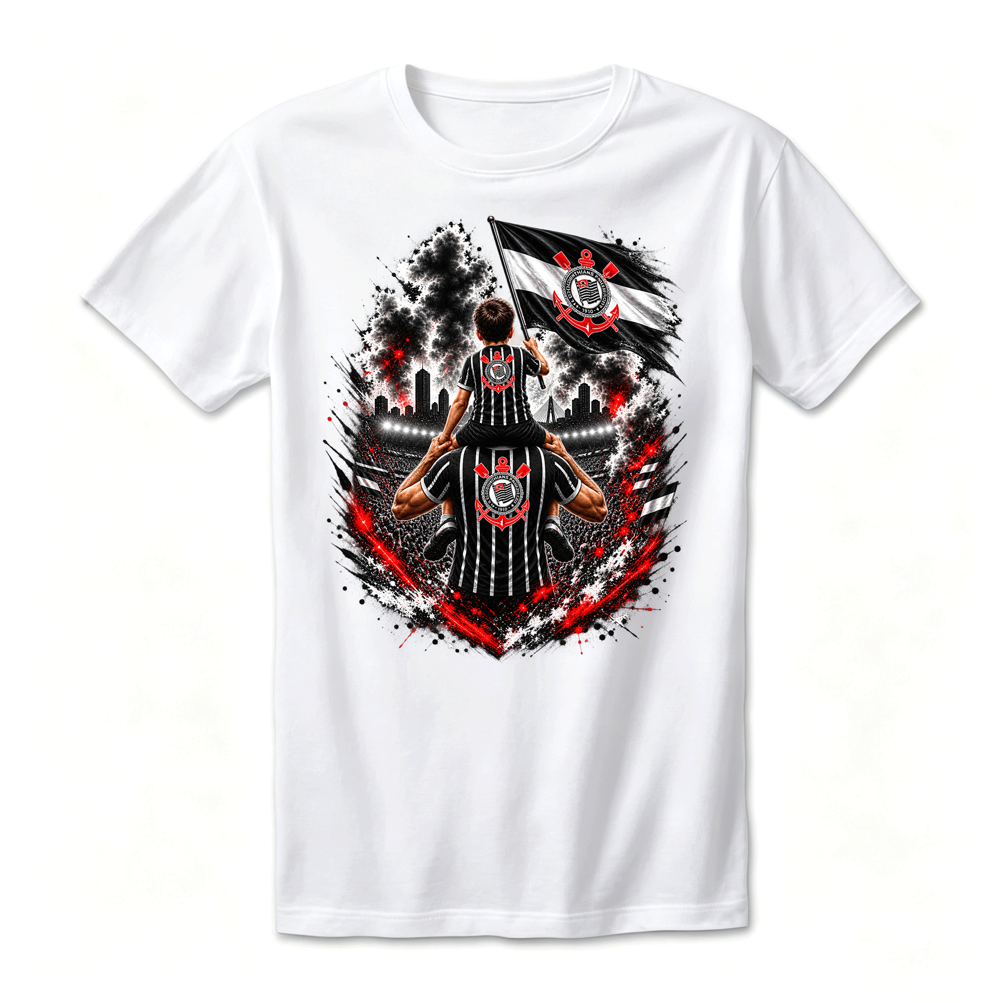Camiseta Drop Shoulder 100% Algodão Oversized Estampa Futebol Alvinegro Pai e Filho, Preta e Branca, Unissex, Estilo Torcida e Streetwear, Caimento Solto e Confortável, Tamanhos P ao GG,Corinthians,Timão,A Fiel