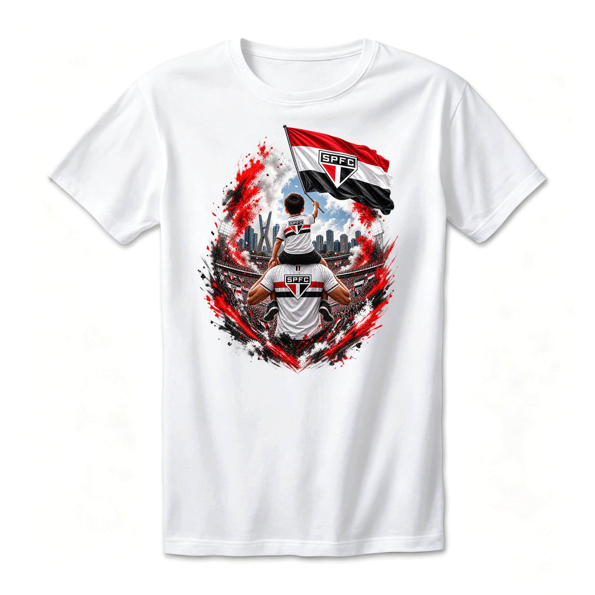 Camiseta Drop Shoulder 100% Algodão Oversized Estampa Futebol Tricolor Pai e Filho, Preta e Branca, Unissex, Estilo Torcida e Streetwear, Caimento Solto e Confortável, Tamanhos P ao GG,São Paulo,Tricolor,SPFC