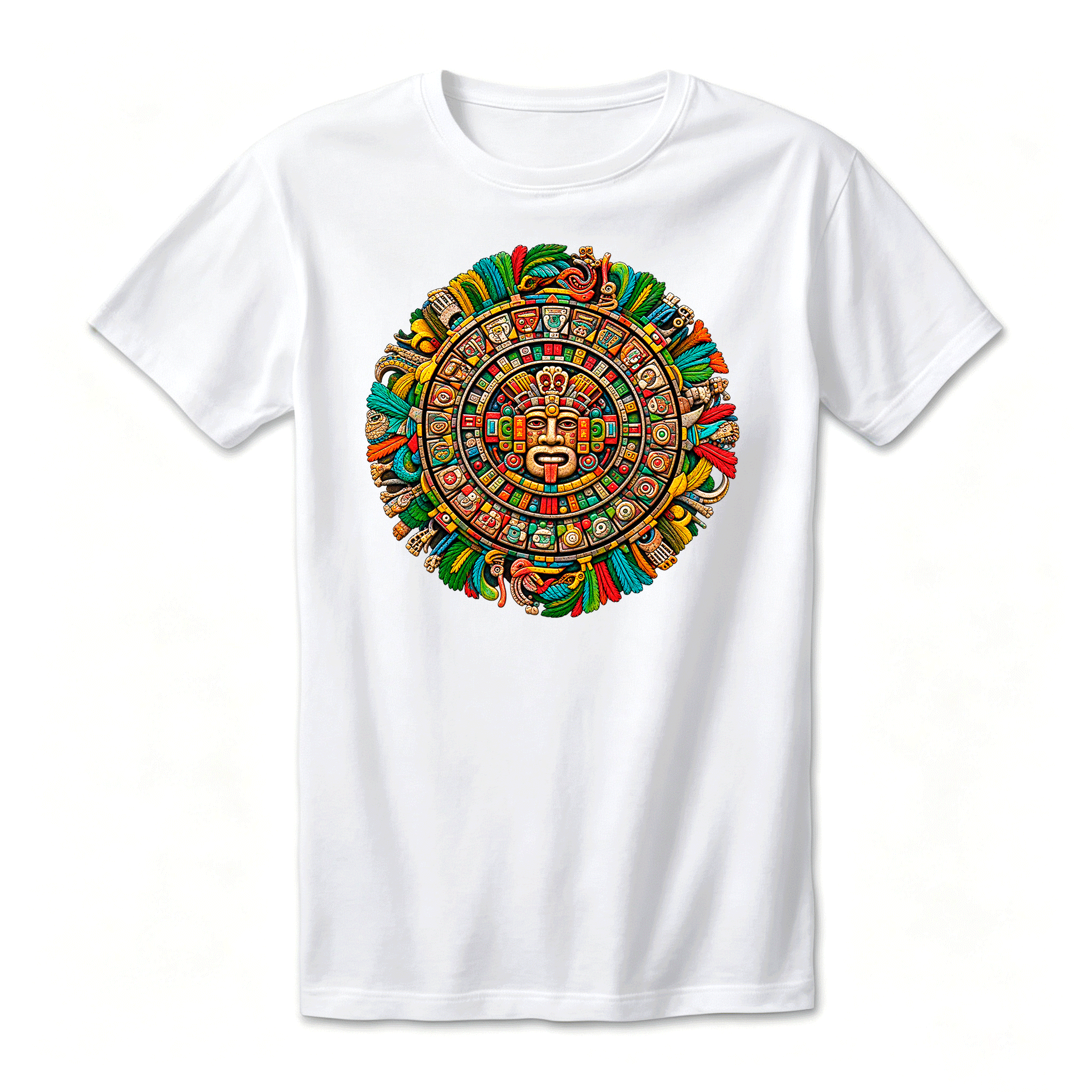 Camiseta Drop Shoulder 100% Algodão Oversized Estampa Calendário Asteca Colorido, Preta e Branca, Unissex, Estilo Étnico e Streetwear, Caimento Solto e Confortável, Tamanhos P ao GG