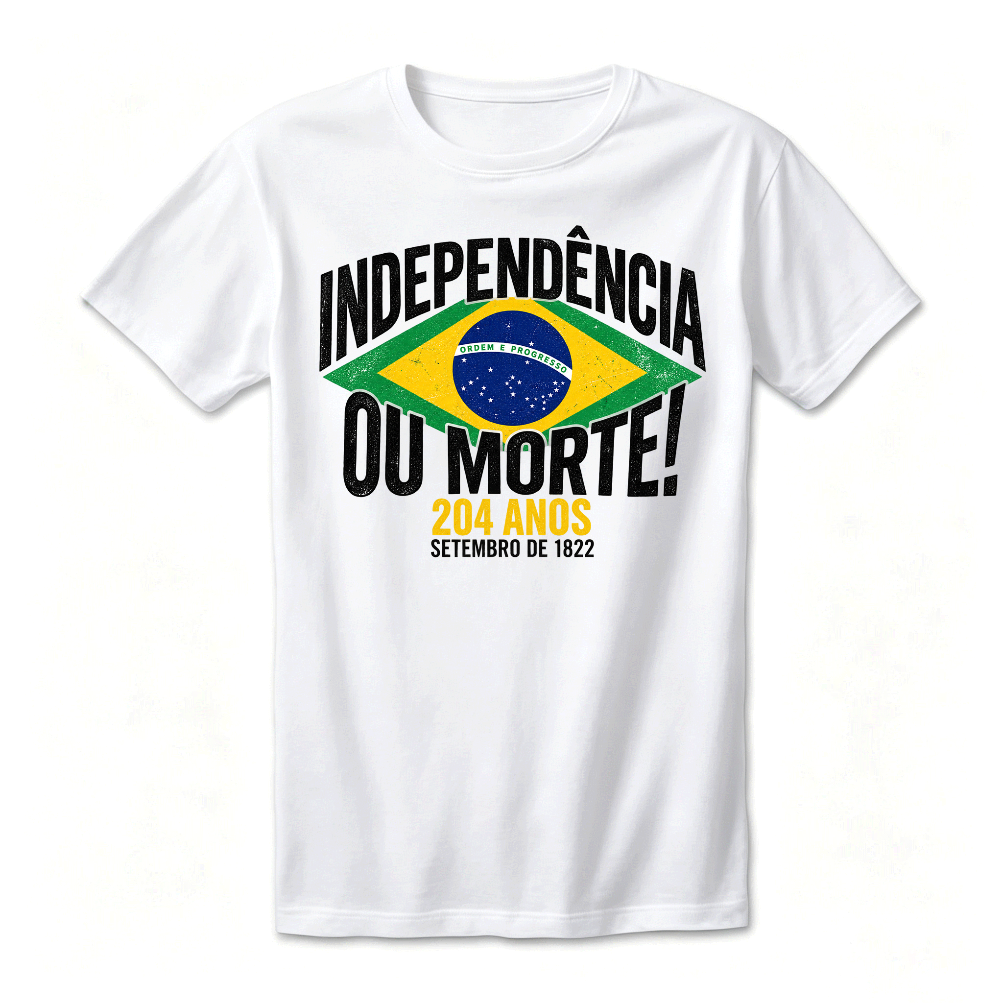 Camiseta Drop Shoulder 100% Algodão Oversized Estampa Independência do Brasil 204 Anos, Preta e Branca, Unissex, Estilo Patriótico e Streetwear, Caimento Solto e Confortável, Tamanhos P ao XGG
