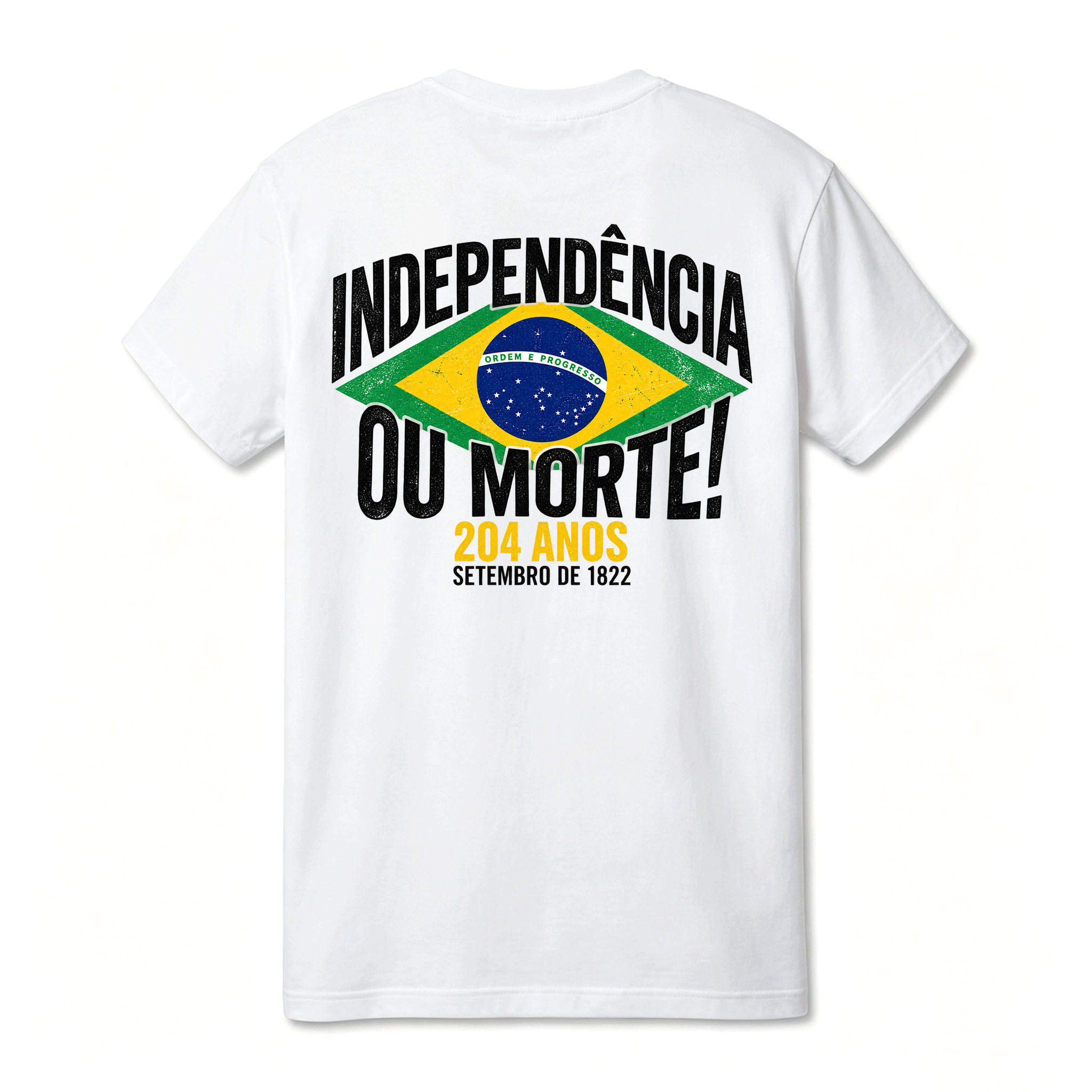 Camiseta Drop Shoulder 100% Algodão Oversized Estampa Independência do Brasil 204 Anos, Preta e Branca, Unissex, Estilo Patriótico e Streetwear, Caimento Solto e Confortável, Tamanhos P ao XGG
