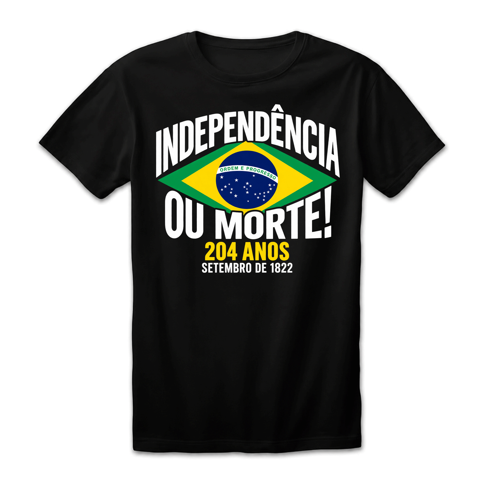 Camiseta Drop Shoulder 100% Algodão Oversized Estampa Independência do Brasil 204 Anos, Preta e Branca, Unissex, Estilo Patriótico e Streetwear, Caimento Solto e Confortável, Tamanhos P ao XGG