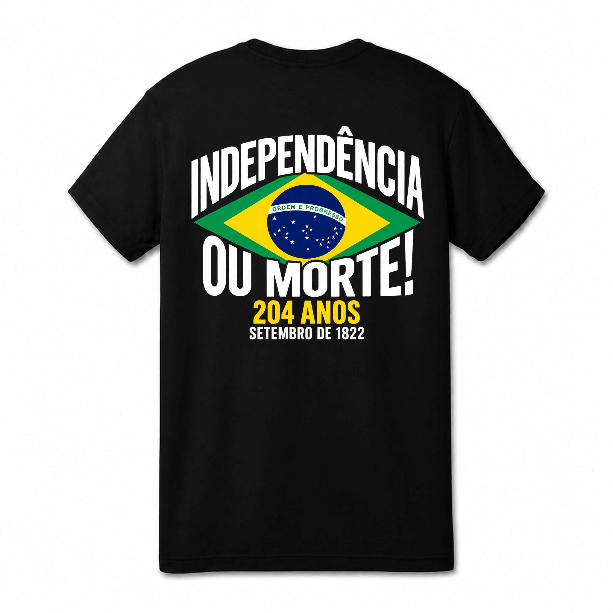 Camiseta Drop Shoulder 100% Algodão Oversized Estampa Independência do Brasil 204 Anos, Preta e Branca, Unissex, Estilo Patriótico e Streetwear, Caimento Solto e Confortável, Tamanhos P ao XGG