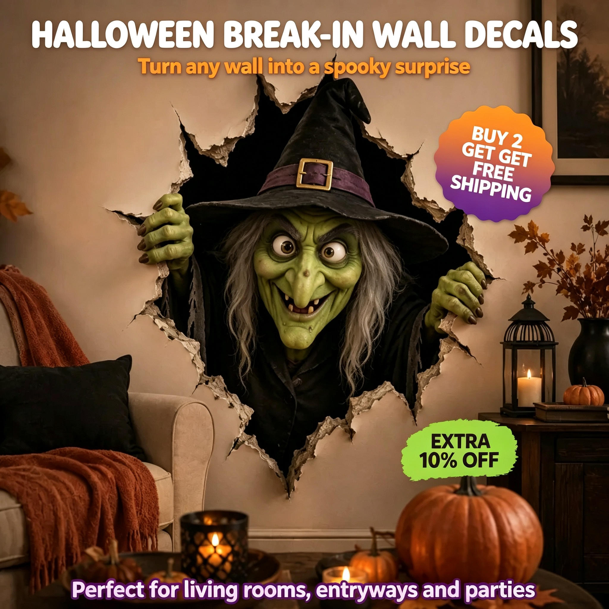 🎃Halloween Break-In 3D Wall Decals👻🧙‍♀️ Buy 2 Free Shipping!