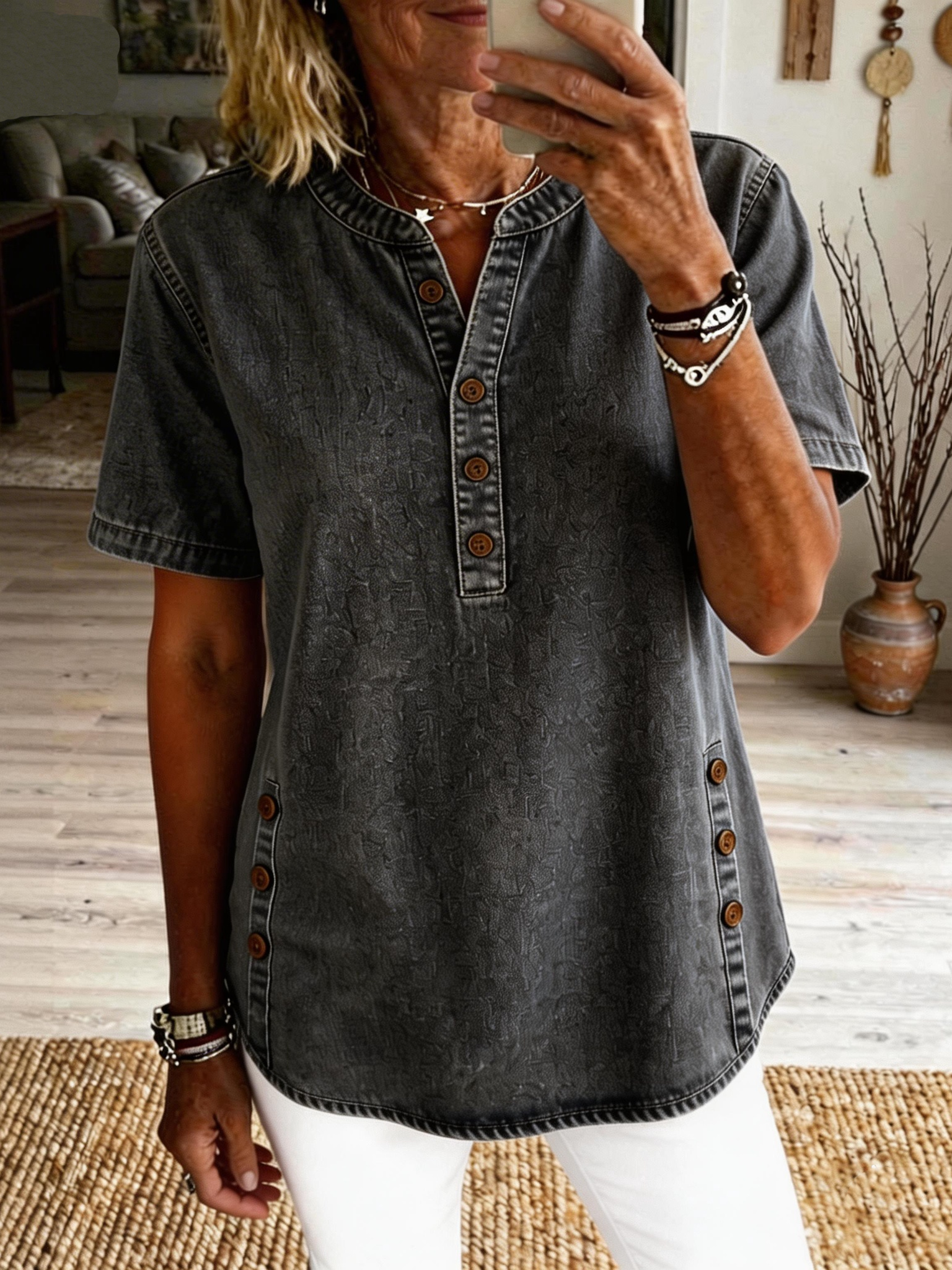 Women's Casual Short-sleeve Washed Cotton Denim Shirt