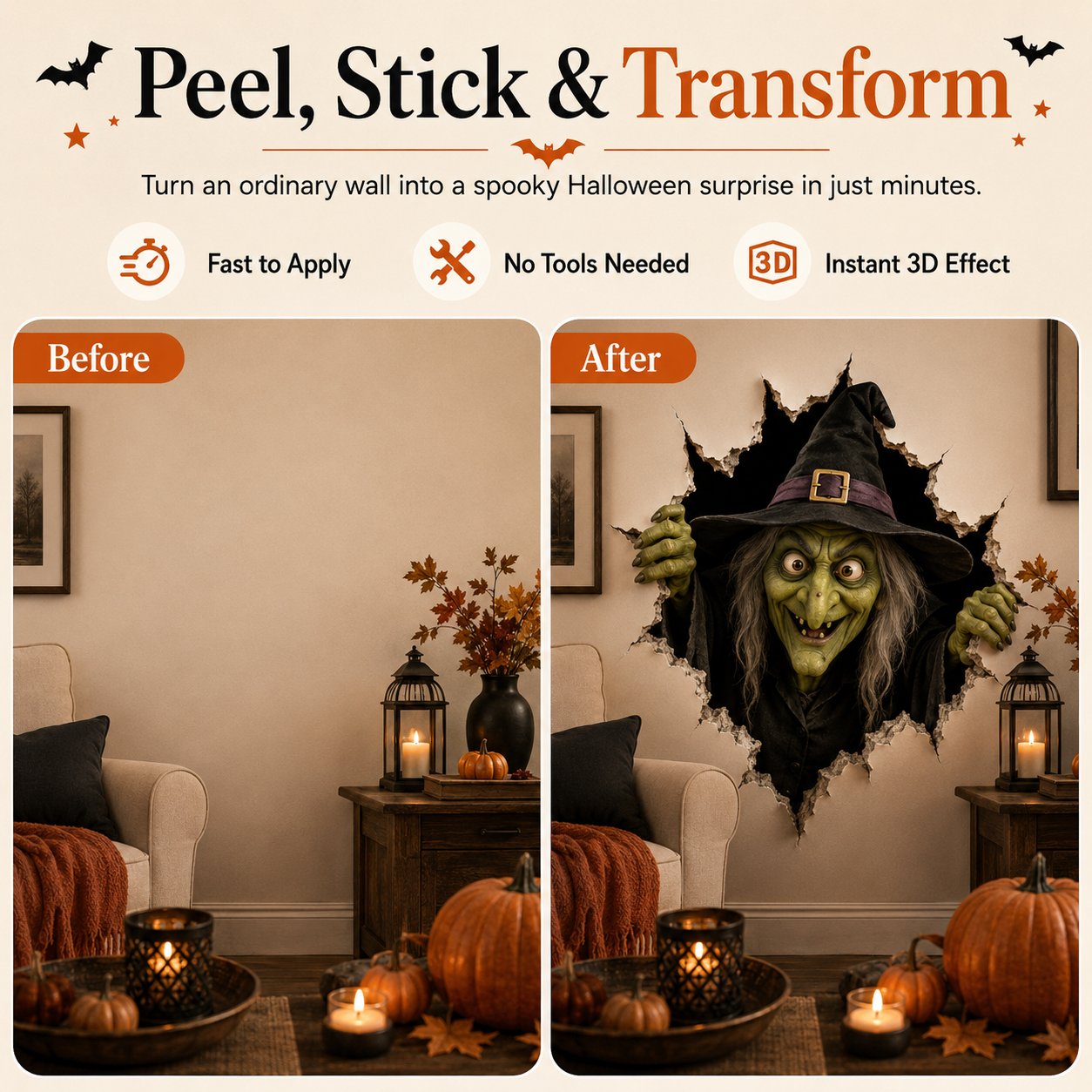 🦇Halloween Break-In 3D Wall Decals