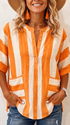 Casual Striped Cotton-linen Henley Shirt