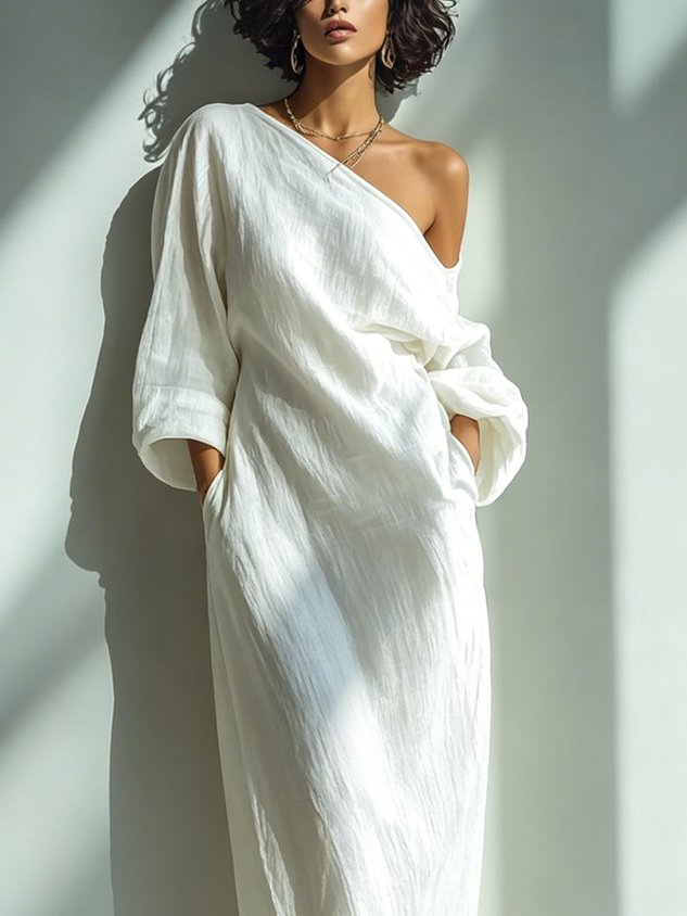 Casual Cotton Linen Maxi Dress Asymmetrical H-Line