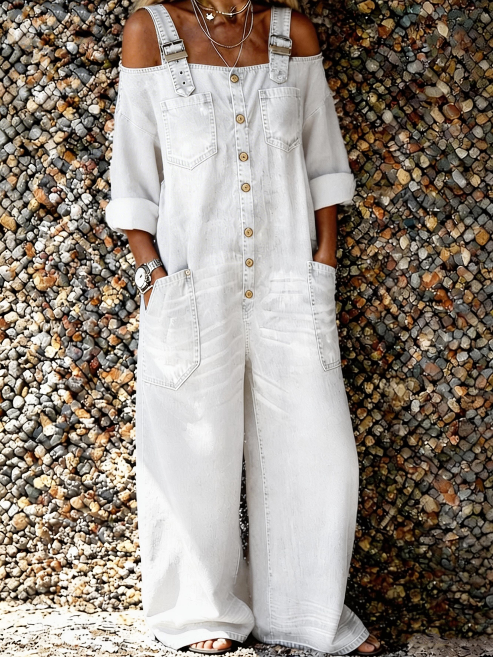 Women's Artistic Casual Long-sleeved Washed Cotton Denim Overalls Jumpsuit