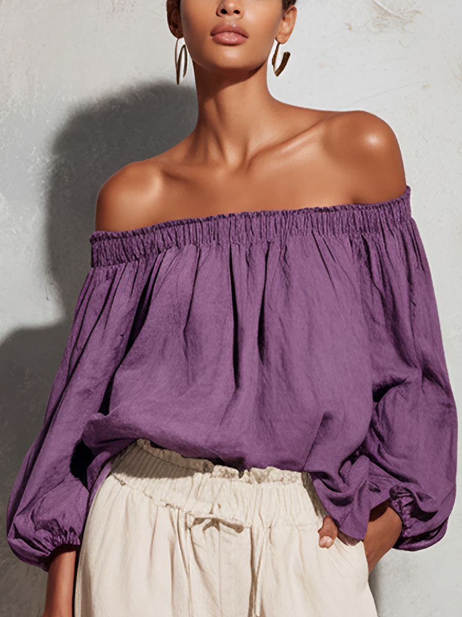 Women's Casual Style Purple Cotton And Linen Off-shoulder Long Lantern Sleeve Top