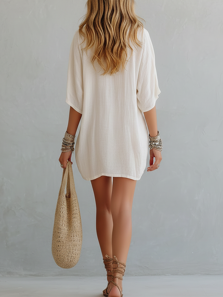 Women's V-neck cotton linen loose dress