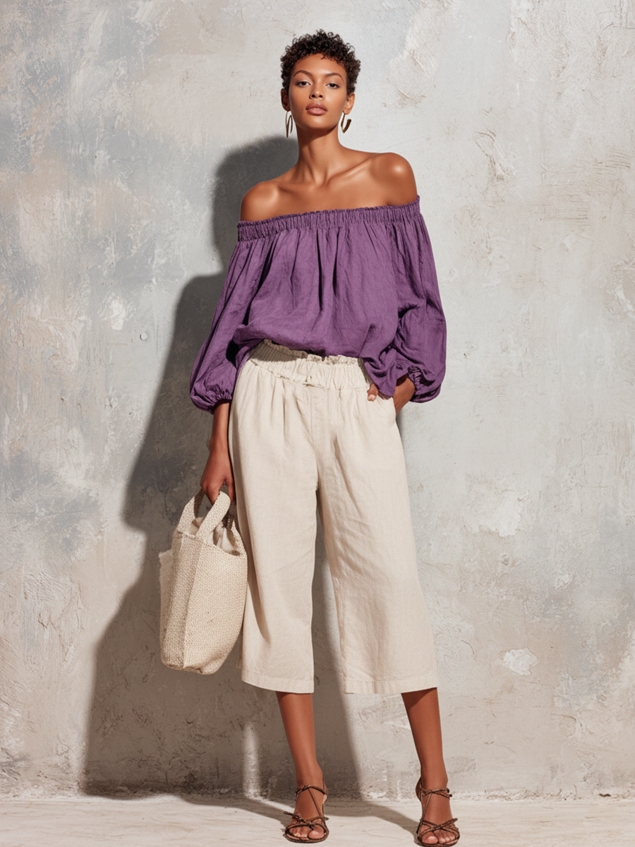 Women's Casual Style Purple Cotton And Linen Off-shoulder Long Lantern Sleeve Top